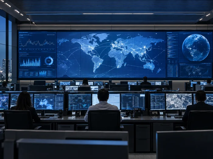Control room with a blue LED monitoring wall