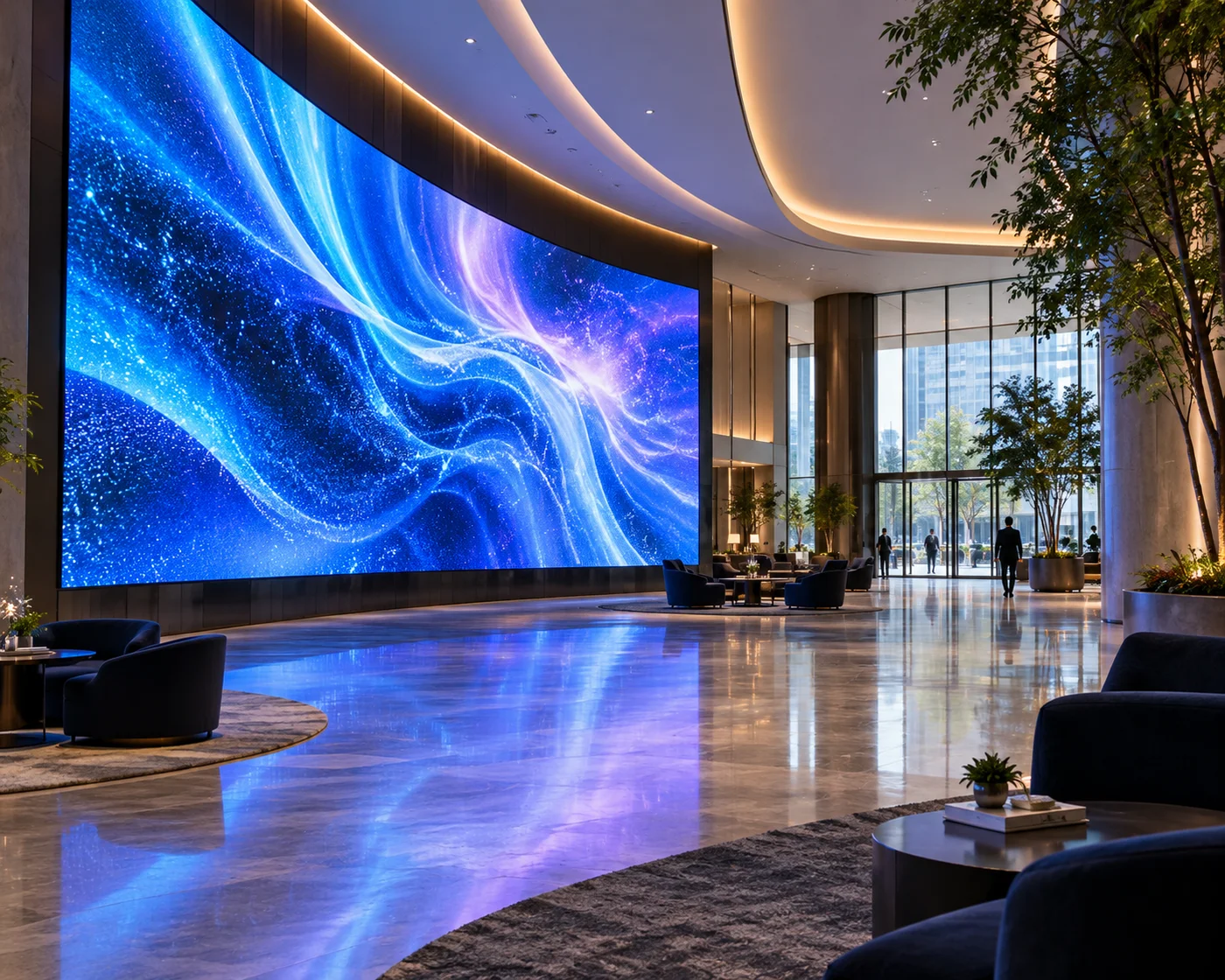 Curved blue LED display in a contemporary lobby